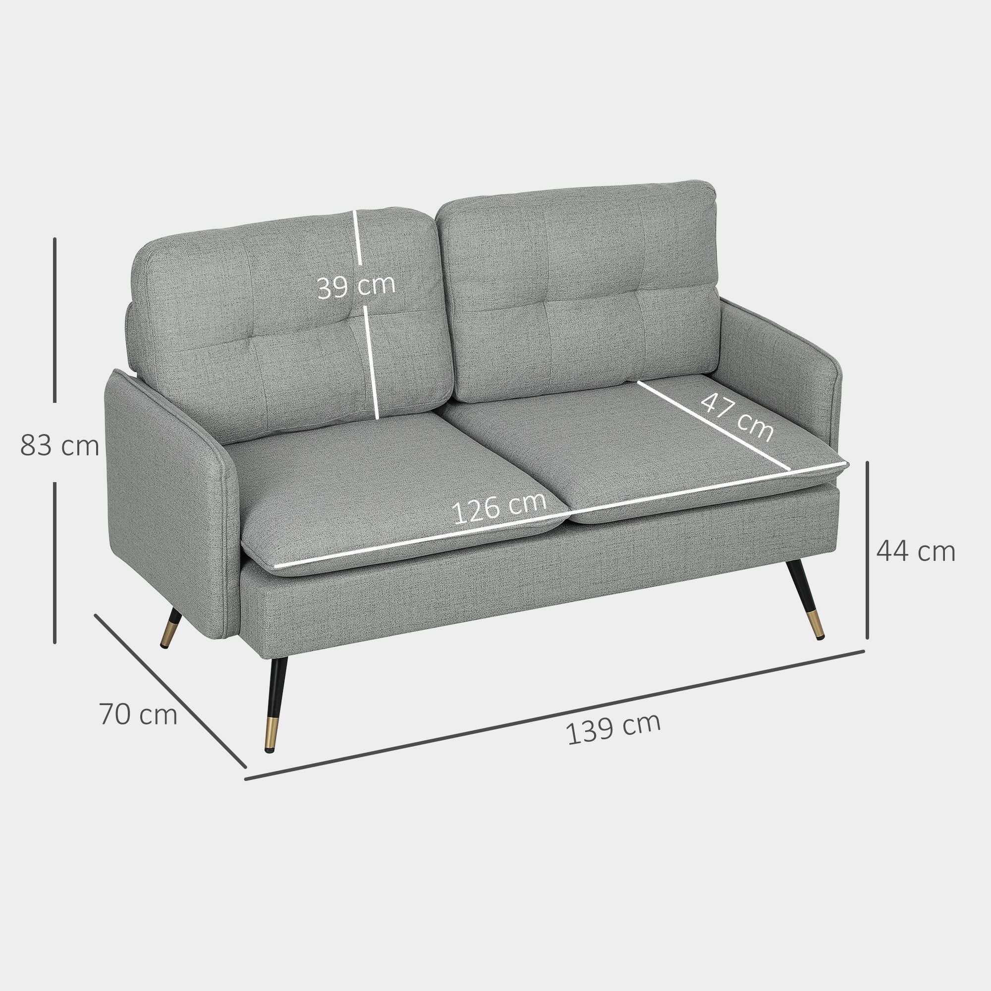 HOMCOM Modern Two Seater Sofa, Button Tufted Loveseat with Cushions and Steel Legs for Living Room, Guest Room, Grey